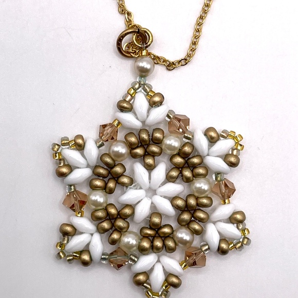 Gold Tone White Czech Glass Hand Beaded Snowflake Pendant Necklace - Picture 5 of 11